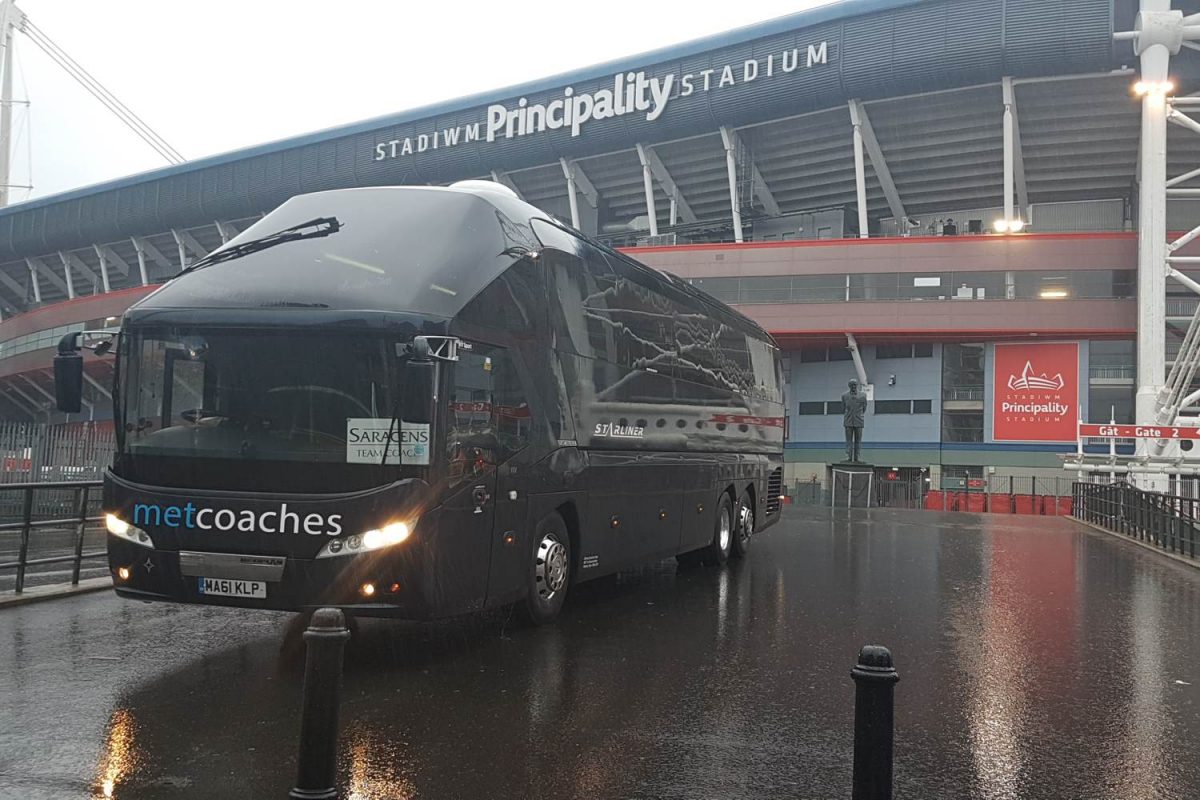 Saracens coach outside Principality Stadium