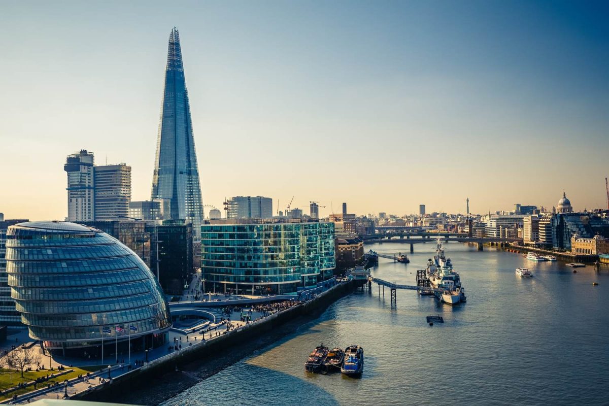 London city - aerial view of the shard, Thames and city hall