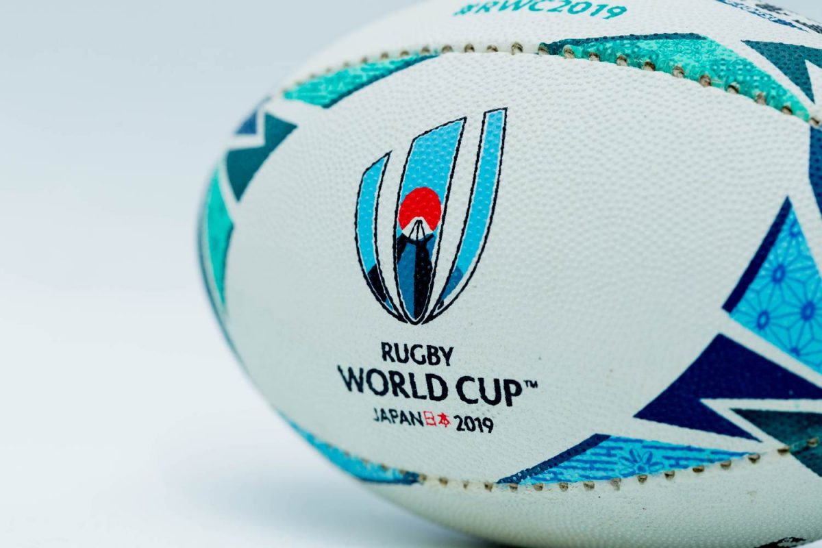 Rugby ball with Rugby World Cup 2019 printed on it