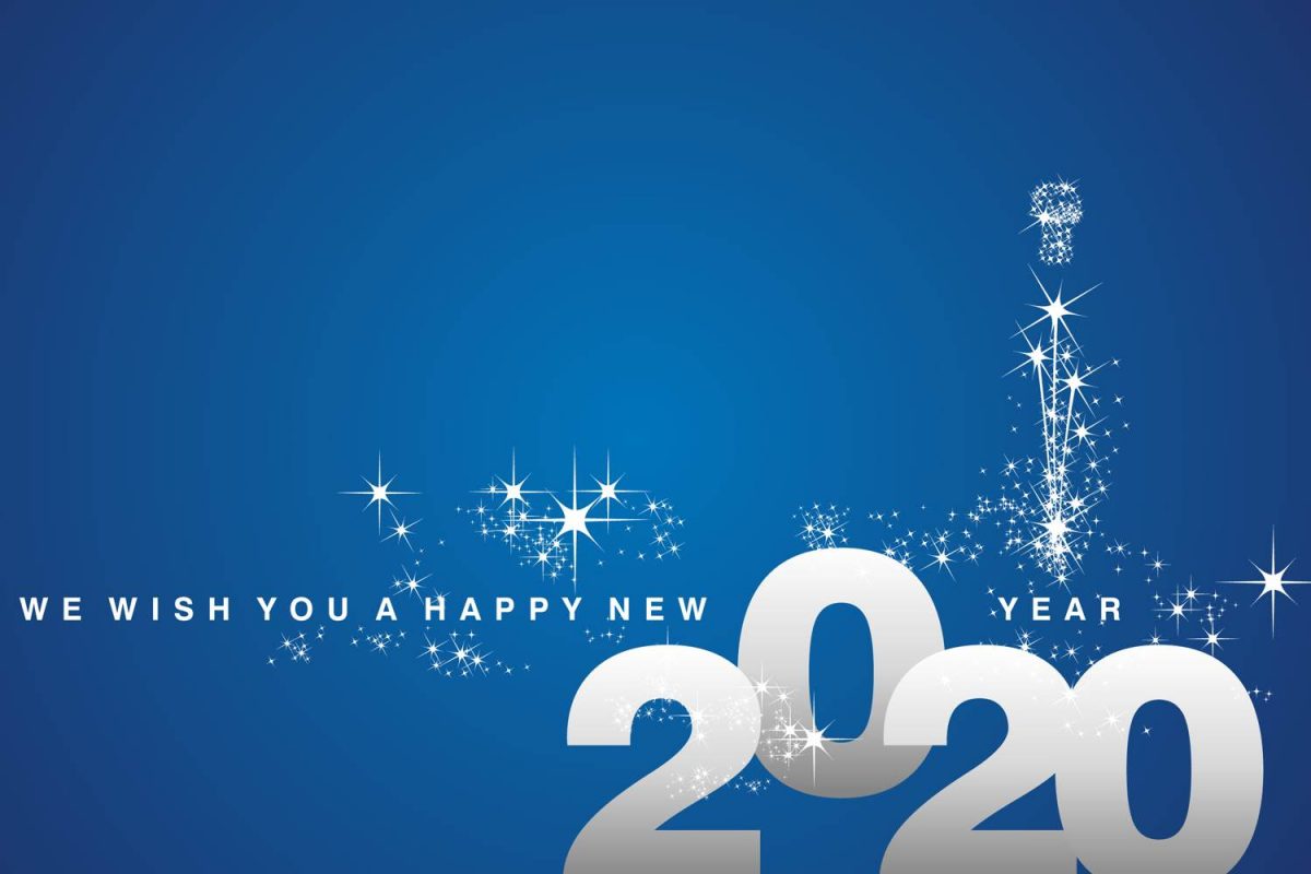 Happy new year in white font - blue background - sparkly stars decorating image