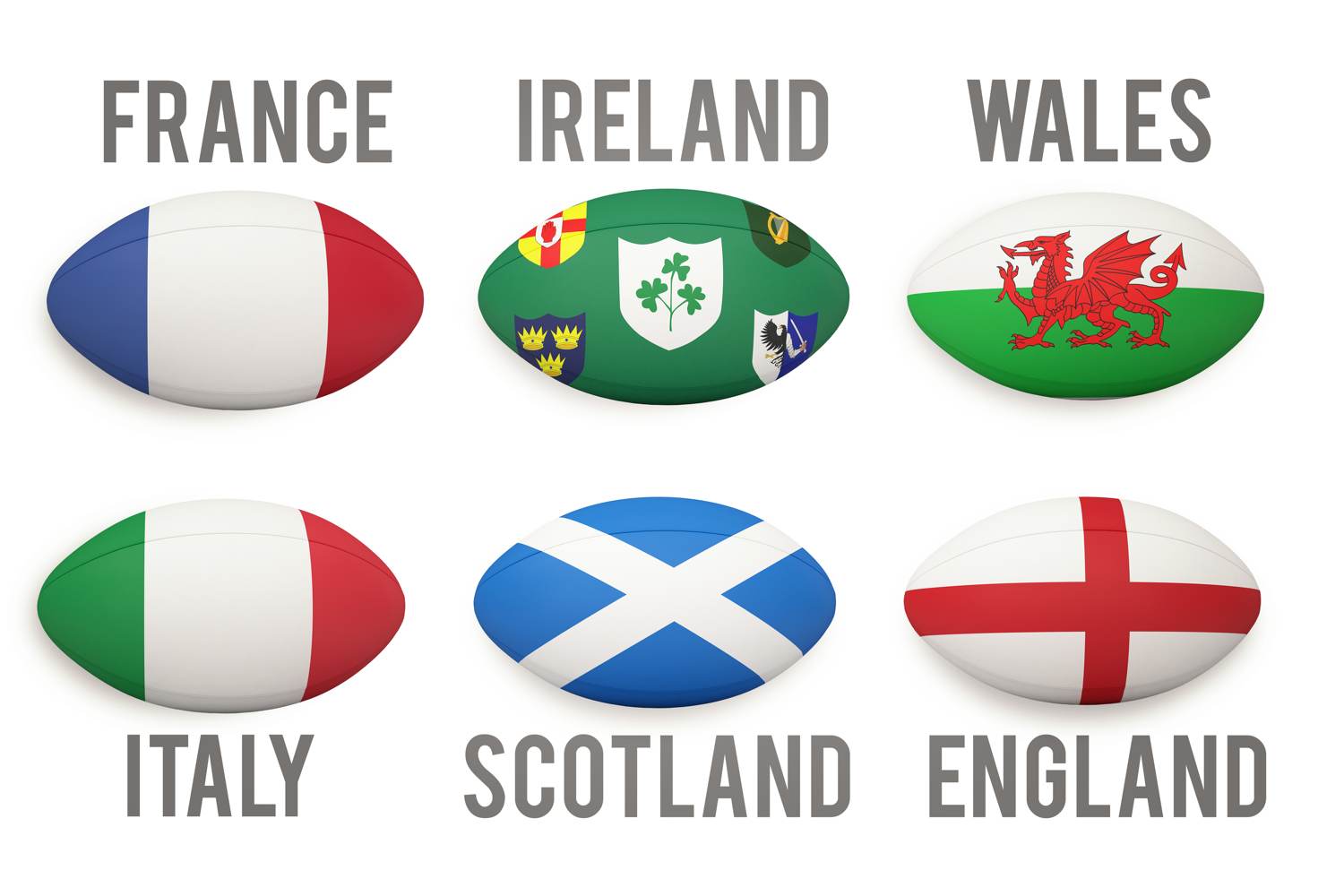 Rugby balls with Six Nations participants flags on them